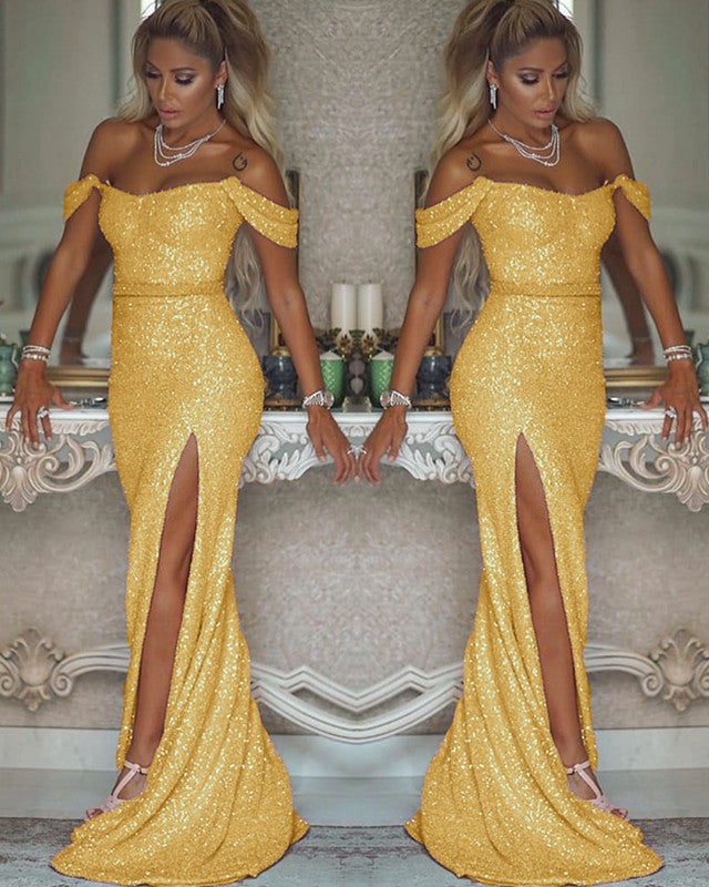 Sequins Prom Dresses Off Shoulder Mermaid Evening Gowns Leg Split alinanova Sequins Prom Dresses Off Shoulder Mermaid Evening Gowns Leg Split alinanova