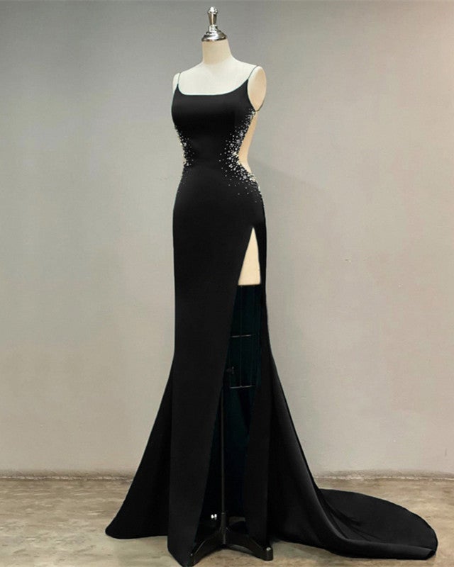 Black Mermaid Open Back Dresses With Slit Black Mermaid Open Back Dresses With Slit
