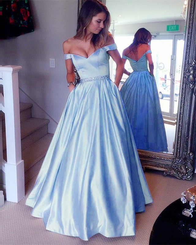 Sexy Off Shoulder Beaded Sashes Satin Prom Dresses Ball Gowns-alinanova