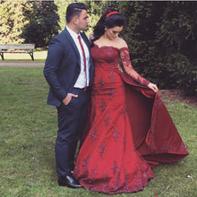 Load image into Gallery viewer, Sexy Off Shoulder Long Sleeves Burgundy Mermaid Evening Dresses Lace Appliques