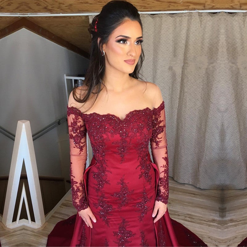 Sexy Off Shoulder Long Sleeves Burgundy Mermaid Evening Dresses Lace Appliques Sexy Off Shoulder Long Sleeves Burgundy Mermaid Evening Dresses Lace Appliques