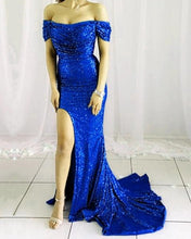 Load image into Gallery viewer, Sexy Off The Shoulder Long Sequins Royal Blue Mermaid Prom Dresses With Split