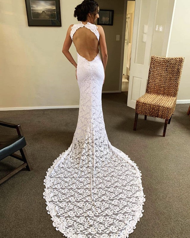 Sexy Open Back Lace Mermaid Wedding Dresses Front Slit Sexy Open Back Lace Mermaid Wedding Dresses Front Slit