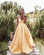 Load image into Gallery viewer, Yellow V-neck Prom Dresses Satin