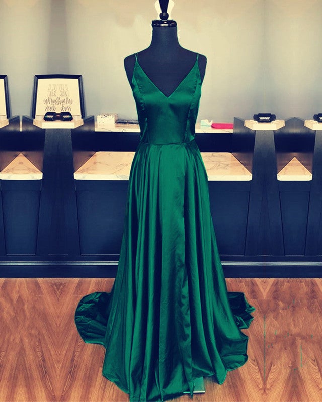 Multi-straps V-neck Long Satin Prom Dresses With Slit Multi-straps V-neck Long Satin Prom Dresses With Slit