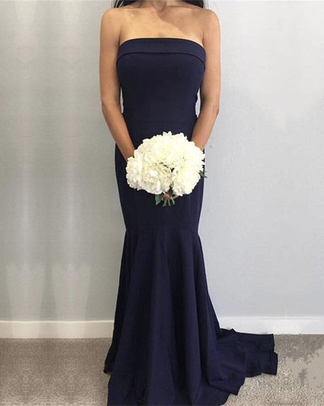Sexy Strapless Long Corset Satin Simple Mermaid Bridesmaid Dresses