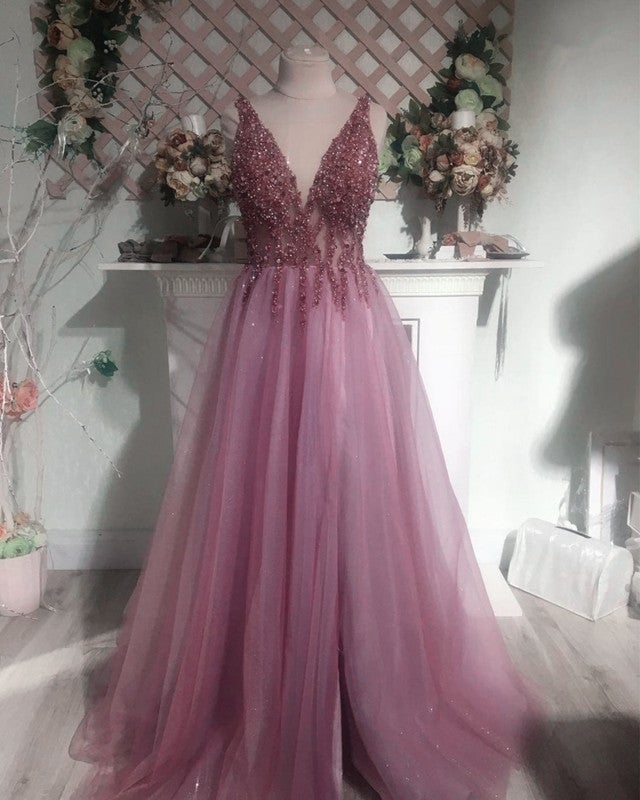 Sexy V Neck Split Tulle Long Beaded Dresses Sexy V Neck Split Tulle Long Beaded Dresses
