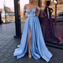 Load image into Gallery viewer, Sexy V-neck Off The Shoulder Long Satin Leg Split Evening Gowns
