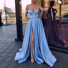 Load image into Gallery viewer, Sexy V-neck Off The Shoulder Long Satin Leg Split Evening Gowns