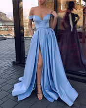 Load image into Gallery viewer, Sky-Blue-Prom-Dresses-Long-Satin-Off-The-Shoulder-Evening-Gowns
