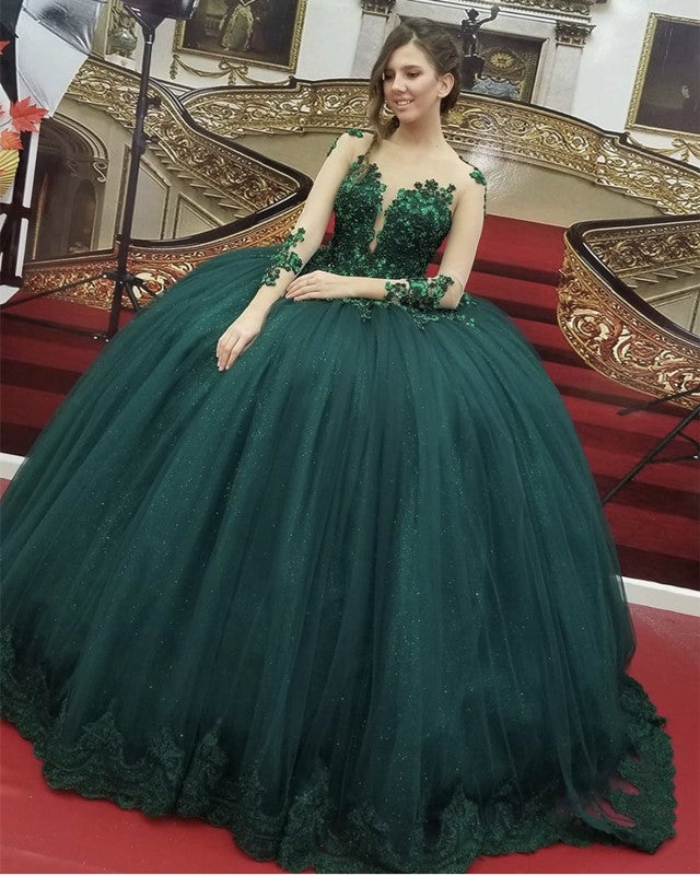 Sheer Long Sleeves Ball Gown Dresses Lace Appliques Sheer Long Sleeves Ball Gown Dresses Lace Appliques