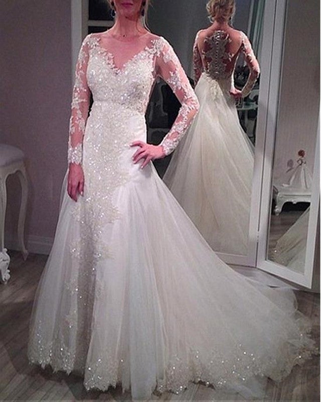 Sheer Long Sleeves Lace Mermaid Wedding Dresses Removable Skirt Sheer Long Sleeves Lace Mermaid Wedding Dresses Removable Skirt