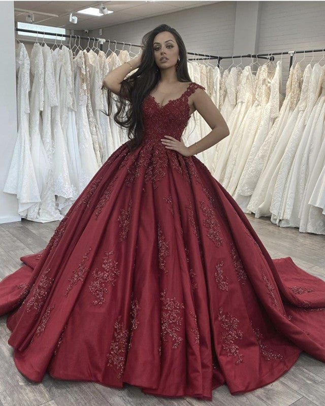 beaded dress appliques Sheer Neck Ball Gown Satin Dress Appliques Beaded
