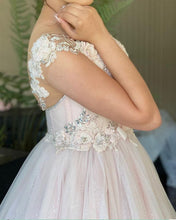 Load image into Gallery viewer, Sheer Neckline Cap Sleeves Lace Prom Dresses With Beaded