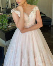Load image into Gallery viewer, Sheer Neckline Cap Sleeves Lace Prom Dresses With Beaded