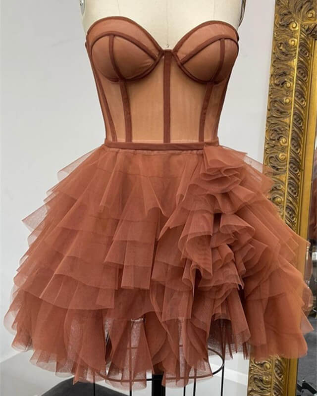 Short Brown Tulle Ruffles Corset Dresses