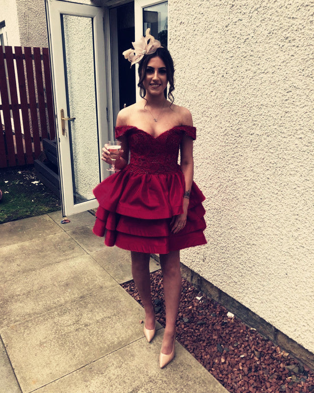 Satin Ruffles Homecoming Dresses Lace Off Shoulder Satin Ruffles Homecoming Dresses Lace Off Shoulder