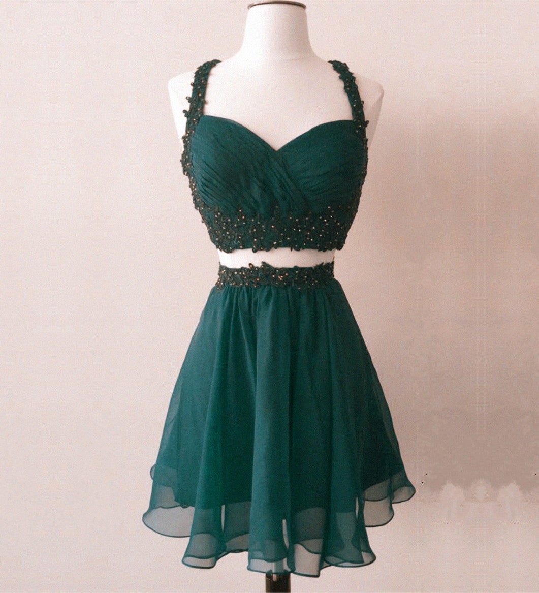 Short Chiffon Two Piece Dress Applique Open Back