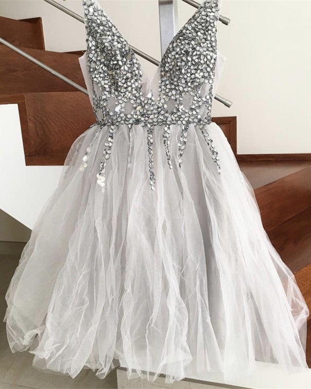 Short Silver Tulle Beaded V-neck Homecoming Dress – alinanova