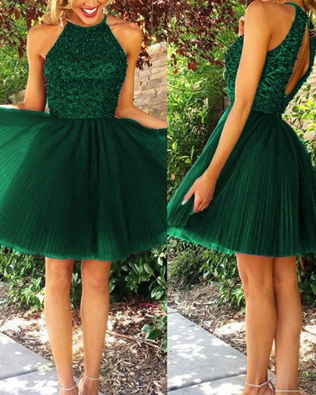 Short Emerald Green Homecoming Dresses Tulle Beaded Open Back Short Emerald Green Homecoming Dresses Tulle Beaded Open Back
