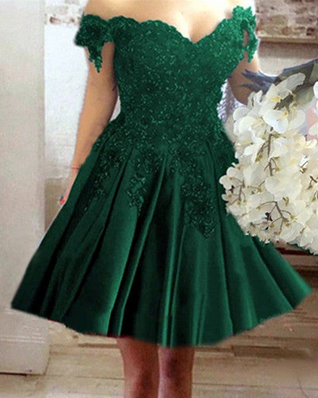 Short Elegant Emerald Green Dress Short Green Satin Prom Dresses Off Shoulder With Lace Flowers Beaded Short Elegant Emerald Green Dress Short Green Satin Prom Dresses Off Shoulder With Lace Flowers Beaded