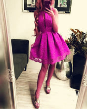 Load image into Gallery viewer, Short Halter Purple Lace Homecoming Dresses