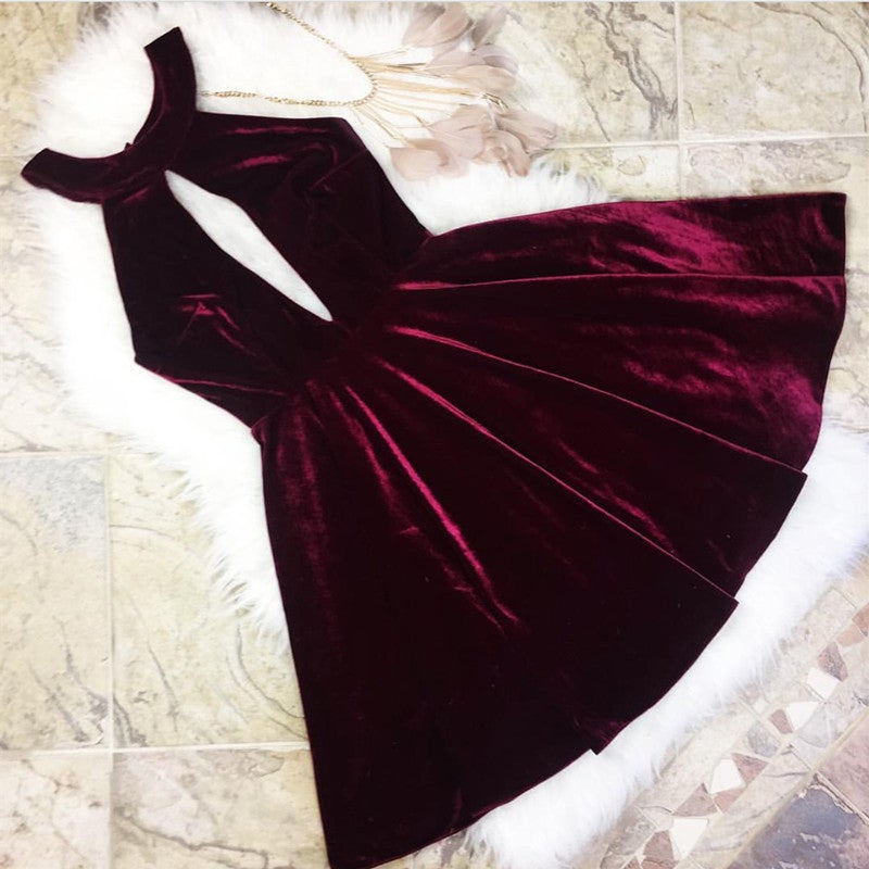 Short Halter Top Burgundy Velvet Homecoming Dresses Short Halter Top Burgundy Velvet Homecoming Dresses