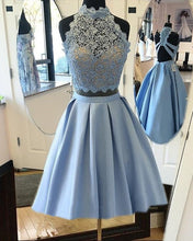 Load image into Gallery viewer, Light Blue Satin Two Piece Homecoming Dresses 2019