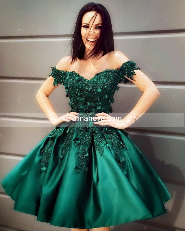 Short Homecoming Dresses Satin Lace Flowers Beaded Off Shoulder alinanova Short Homecoming Dresses Satin Lace Flowers Beaded Off Shoulder alinanova