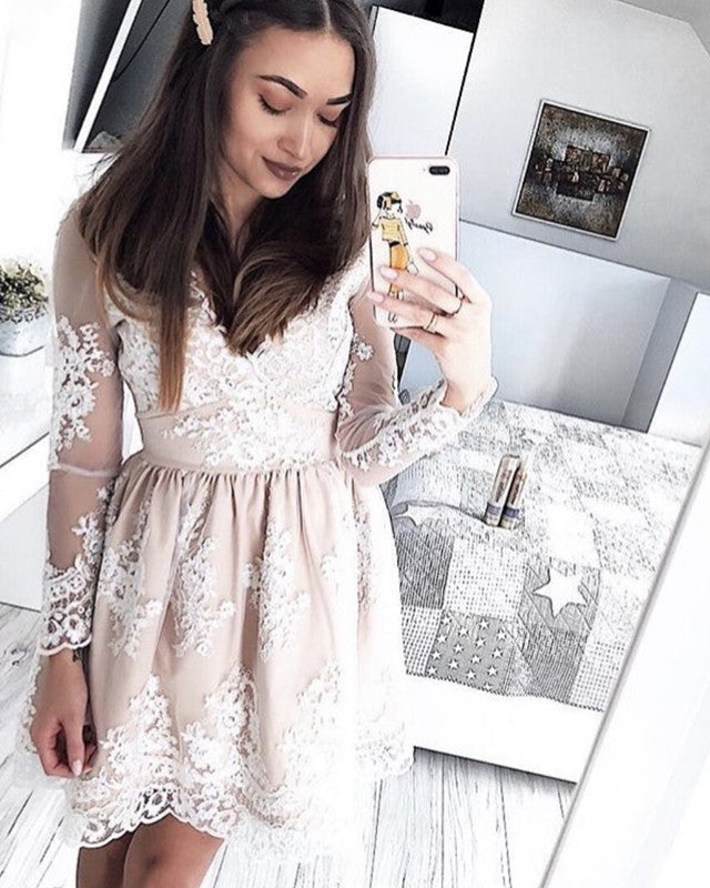 Short Lace V-neck Long Sleeves Homecoming Dresses alinanova Short Lace V-neck Long Sleeves Homecoming Dresses alinanova