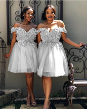 Load image into Gallery viewer, Short Off Shoulder Embroidery Beaded Tulle Prom Homecoming Dresses