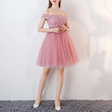 Load image into Gallery viewer, Short Pink Lace Off The Shoulder Bridesmaid Dresses For Wedding Party