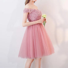 Load image into Gallery viewer, Short Pink Lace Off The Shoulder Bridesmaid Dresses For Wedding Party