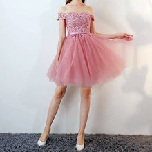 Load image into Gallery viewer, Short Pink Lace Off The Shoulder Bridesmaid Dresses For Wedding Party-alinanova