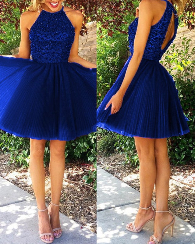 Short Pleated Tulle Homecoming Dresses Beaded Halter ??? alinanova