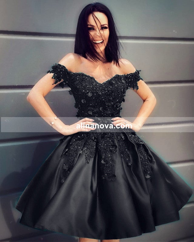 Short Prom Dresses Satin Appliques Off Shoulder Short Prom Dresses Satin Appliques Off Shoulder