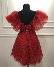 Load image into Gallery viewer, Short Red Lace Corset Cottagecore Prom Dress
