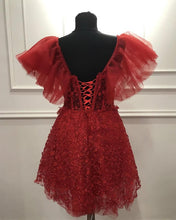 Load image into Gallery viewer, Short Red Lace Corset Cottagecore Prom Dress