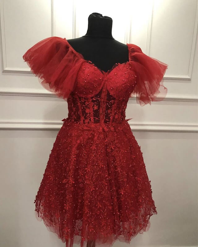 Short Red Lace Corset Cottagecore Prom Dress Short Red Lace Corset Cottagecore Prom Dress