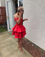 Load image into Gallery viewer, Satin Ruffles Homecoming Dresses Lace Off Shoulder