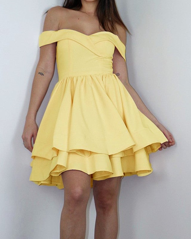 Short Ruffles Yellow Prom Dresses Off The Shoulder Short Ruffles Yellow Prom Dresses Off The Shoulder
