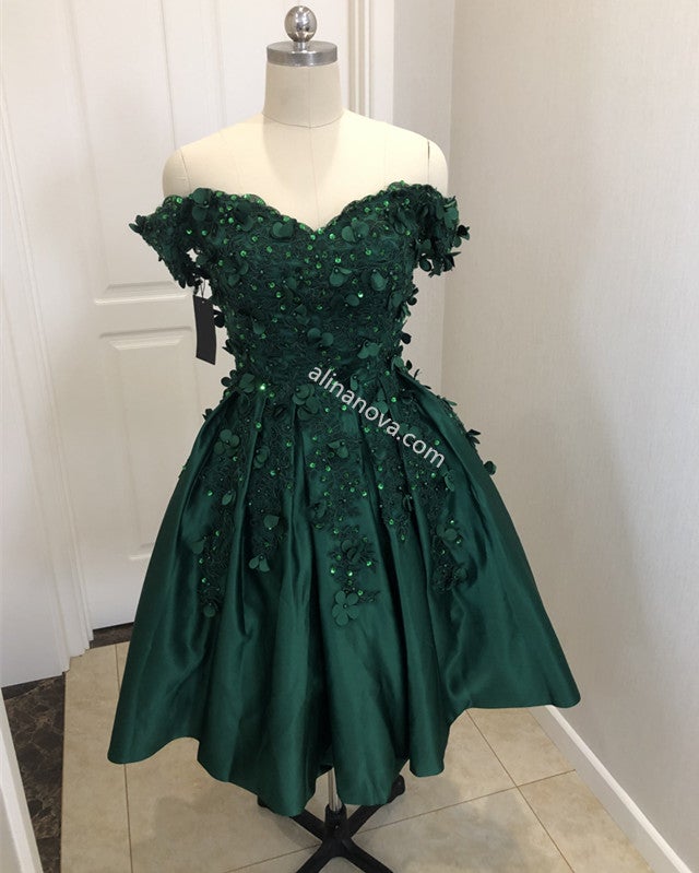Short Satin Ball Gown Party Dress Lace Flowers Beaded Off Shoulder Short Satin Ball Gown Party Dress Lace Flowers Beaded Off Shoulder