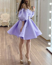 Load image into Gallery viewer, Short Satin Homecoming Dresses Ruffles Puffy Sleeves