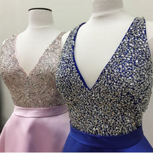 Load image into Gallery viewer, Short Satin V Neck Beaded Prom Homecoming Dresses