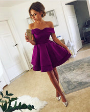 Load image into Gallery viewer, Short Satin V Neck Off-The-Shoulder Prom Homecoming Dresses