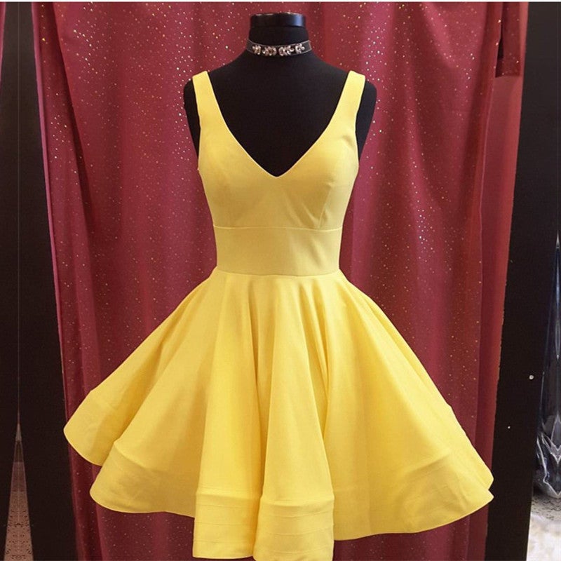 Short Satin V Neck Swing Prom Homecoming Dresses Short Satin V Neck Swing Prom Homecoming Dresses