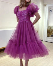 Load image into Gallery viewer, Purple Bridesmaid Dresses Tea Length