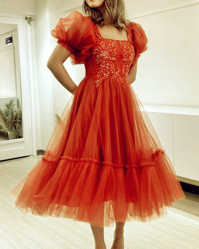 Short Sleeves Tulle Dresses Tea Length Lace Appliques Short Sleeves Tulle Dresses Tea Length Lace Appliques