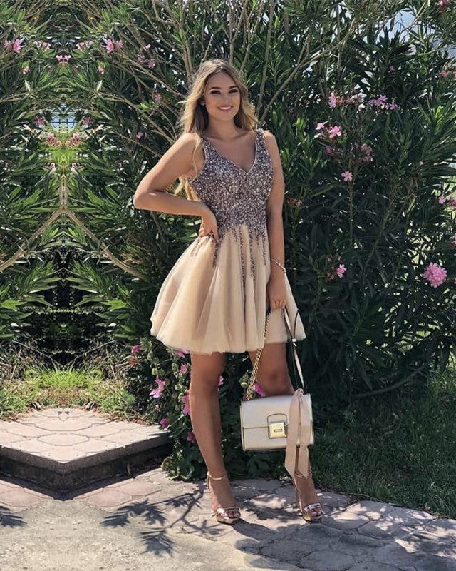 Short Tulle Homecoming Dresses Sequin Beaded V Neck Short Tulle Homecoming Dresses Sequin Beaded V Neck