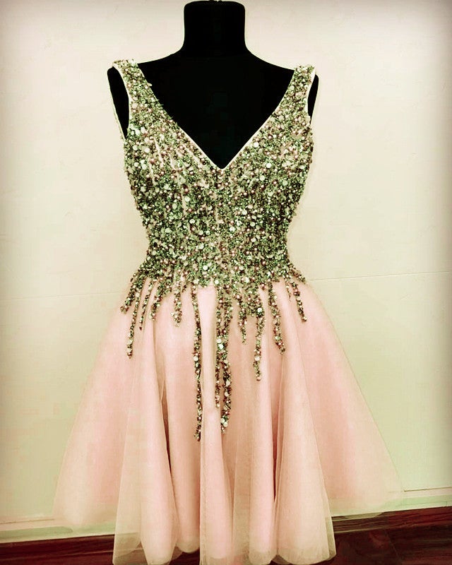 Short Tulle Prom Homecoming Dresses V Neck Sequin Beaded – alinanova